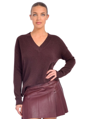 Minnie Rose Cashmere Long and Lean V in Chocolate Front View 