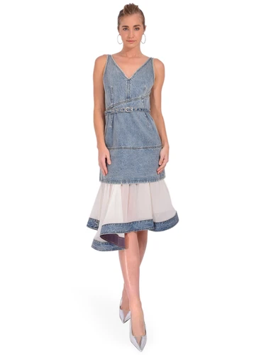 3.1 Phillip Lim Denim V Neck Dress with Chiffon Hem Front View 1