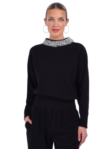 THEO Nomia Embellished Oversized Pullover in Black Front View 

