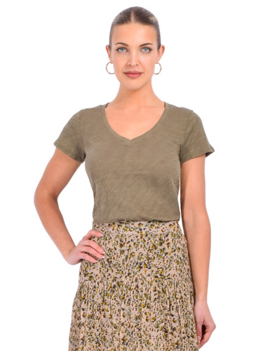 ATM Slub Jersey Classic Short Sleeve V-Neck Tee in Army Front View 