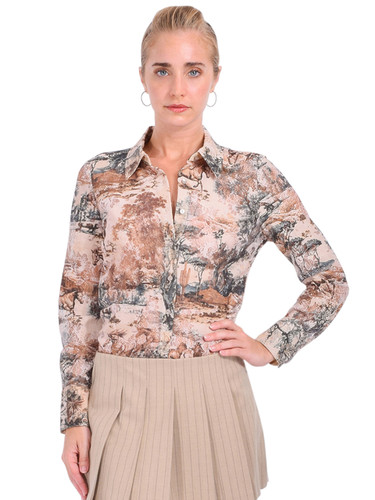 L'AGENCE Maia Lace Blouse in Tan Multi Western Toile Front View
