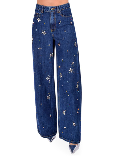 SELF-PORTRAIT Embellished Wide Leg Jean in Blue Front View 
