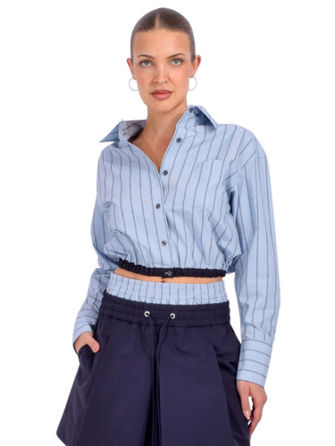 3.1 Phillip Lim Striped Cropped Button-Front Shirt in Oxford Blue Front View 