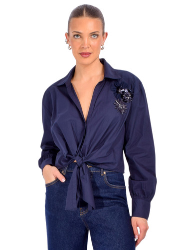 CINQ À SEPT Marianna Crunchy Flower Appliqué Top in Navy Front View 