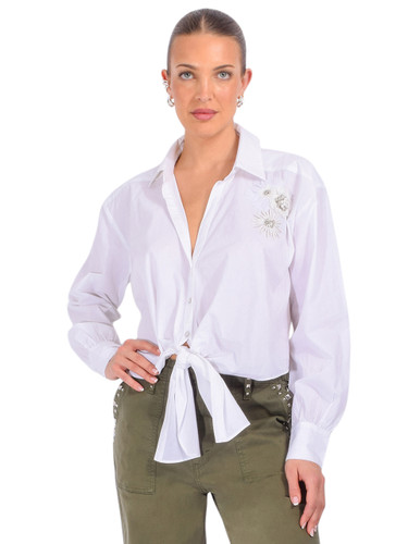 CINQ À SEPT Marianna Crunchy Flower Appliqué Top in White Front View 