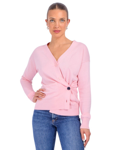 CISSA Wrap Cardigan with I Love You Embroidery in Pink Front View 