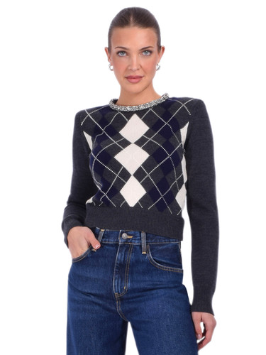 SELF-PORTRAIT Argyle Crystal Trim Jumper in Gray Front View 