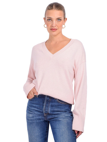 MINNIE ROSE Luxe Cotton Blend Boxy V Neck in Pink Front View 