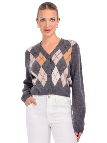 FRAME Brushed Argyle Cardigan in Grey Multi Front View 