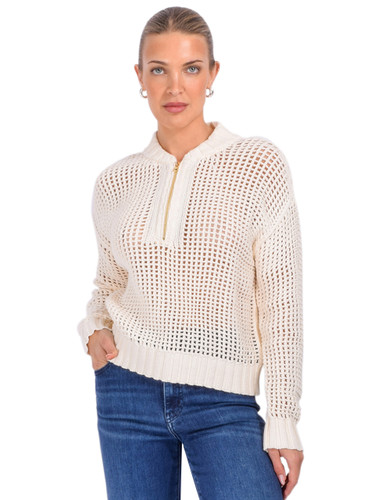 CHRLDR Maya Crochet Half Zip Sweater in Off-White Front View 