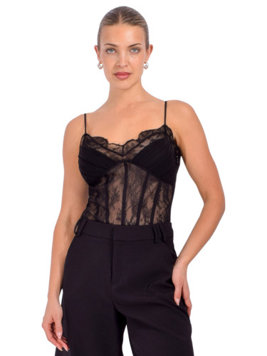 SIMKHAI Angelina Lace Bustier Bodysuit in Black Front View 