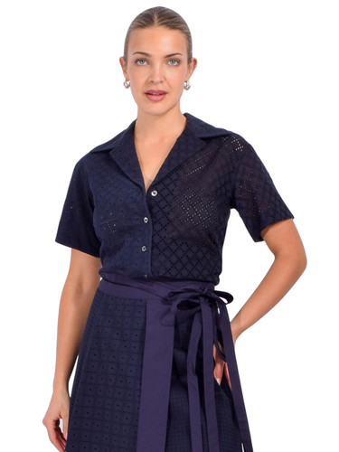 3.1 PHILLIP LIM Broderie Anglaise Patchwork Camp Shirt in Midnight Front View 
