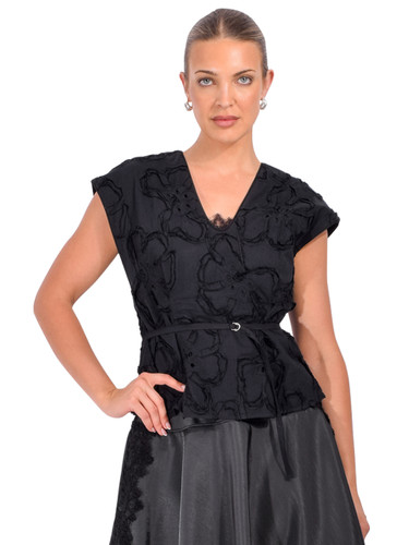 3.1 PHILLIP LIM Embroidered Cap Sleeve Top in Black Front View 