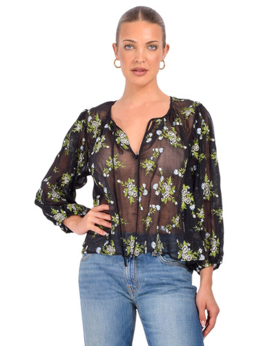 ANNA SUI Bluebell Embroidered Chiffon Blouse in Black Front View 