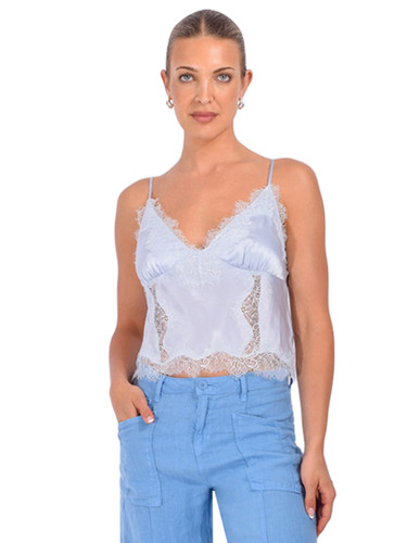 L'AGENCE Kimber Silk Lace Camisole in Pale Mist Blue Front View 