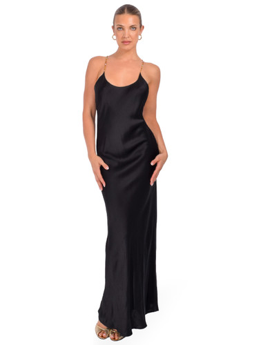 OTTOD'AME Long Viscose Satin Dress in Black Front View 1
