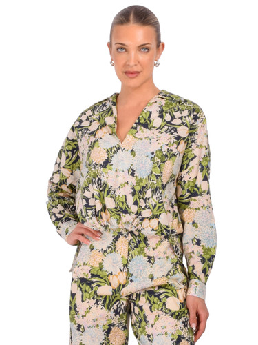 OTTOD'AME Cotton Shirt With Drawstring in Green Floral Multi Front View 