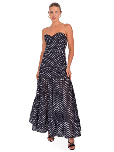CHARO RUIZ Jimena Long Dress in Black Dots Front View 1
