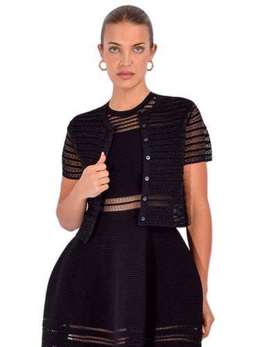 SIMKHAI Holli Short Sleeve Cardigan in Black Front View 