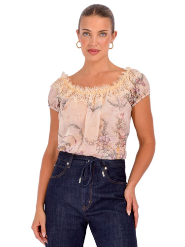 ANNA SUI Spirit Bloom Chiffon Blouse in Linen Multi Front View 
