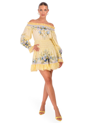 SELF-PORTRAIT Floral Organza Ruffle Mini Dress in Yellow Front View 1