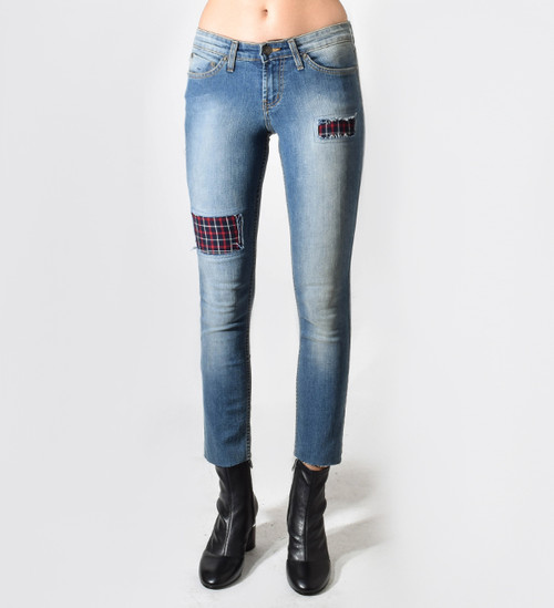 JET John Eshaya Plaid Patch Slim Jean Close Up Front View 