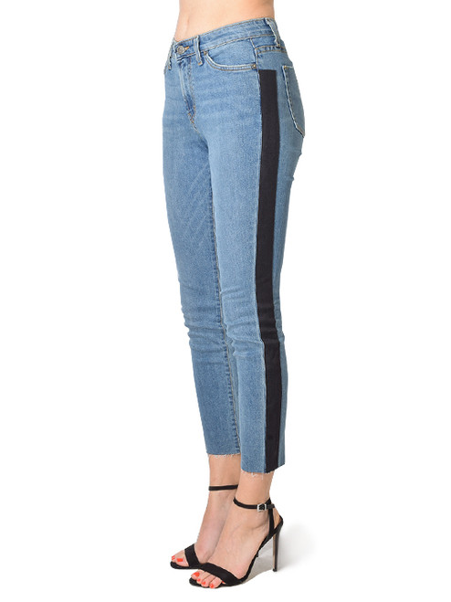Jet John Eshaya Slim Raw Hem Jean w/ Side Tape in Black Close Up Side View 