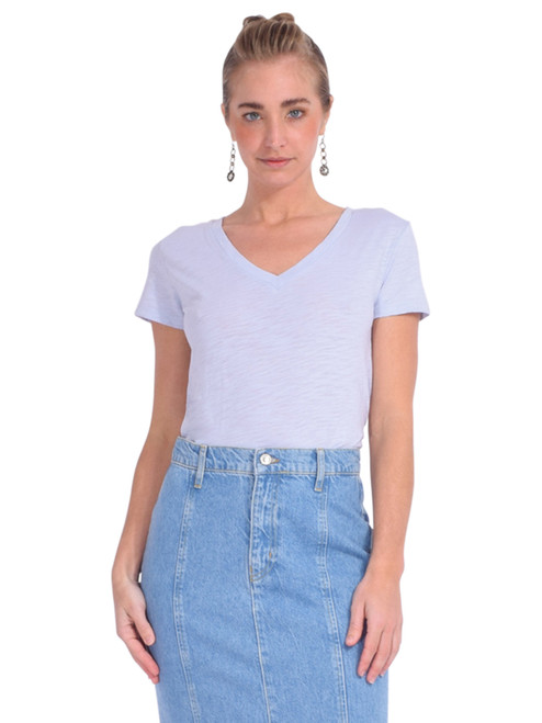 CHRLDR Ava V-Neck Mock Layer T-Shirt in Limestone Blue Front View