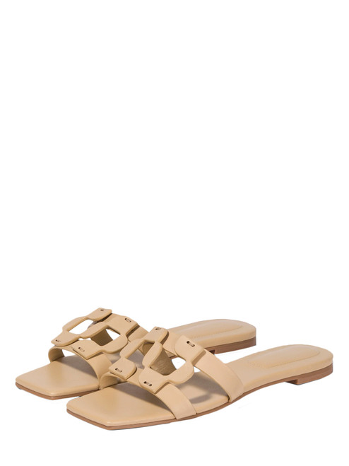 SIMKHAI Simkhai Monogram Flat Slide in Camel Both Sandals 
