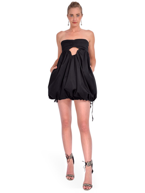 Jasmine Elaine Design Bubble Hem Babydoll Dress in Black Front View without Sleeves and Halter Top