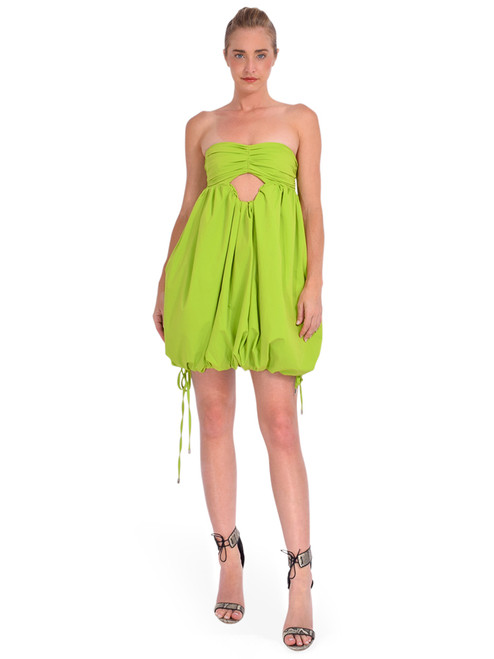 Jasmine Elaine Design Bubble Hem Babydoll Dress in Lime Green Front View without Sleeves and Halter Neck 

