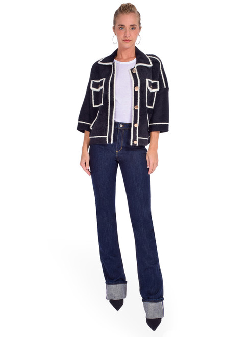 SER.O.YA Ashton High Rise Slim Flare Jean in Rinse Blue Full Outfit 