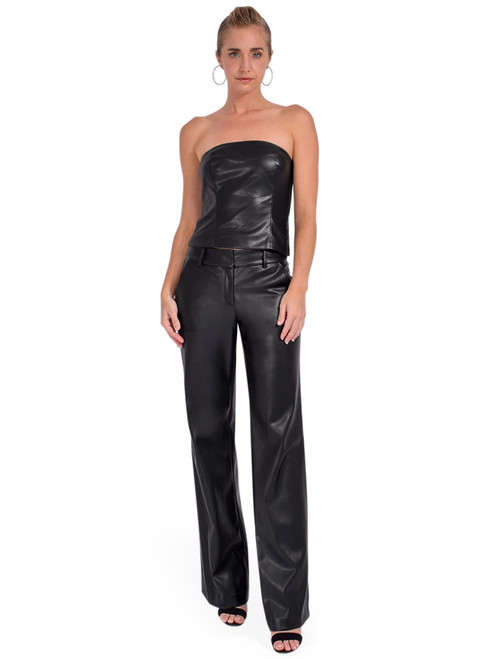 DREW Merrill Vegan Leather Strapless Top in Black Full Outfit 