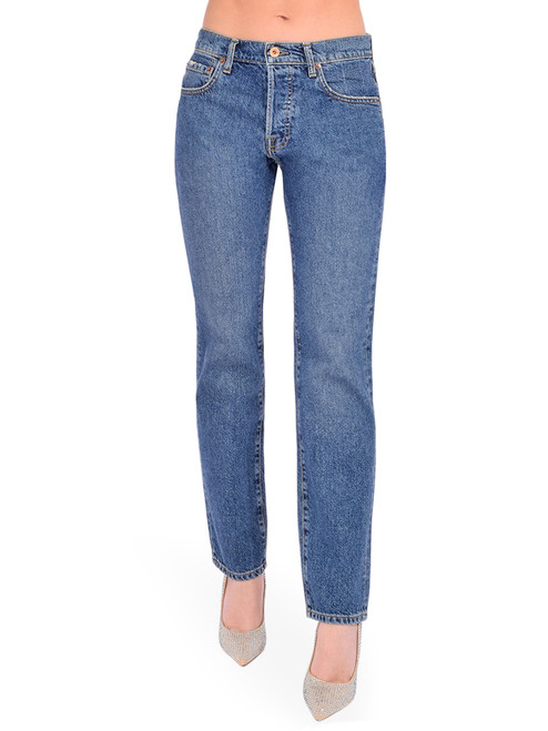 NSF Owen Mid Rise Slouchy Straight Leg Jean in Blue Front View 