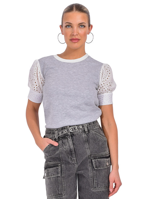 DREW Ramina Combo Top with Eyelet Sleeves in Gray Front View 