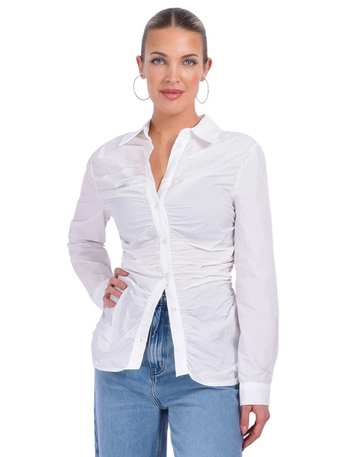 THEO Theia Crushed Taffeta Shirt in White Front View 