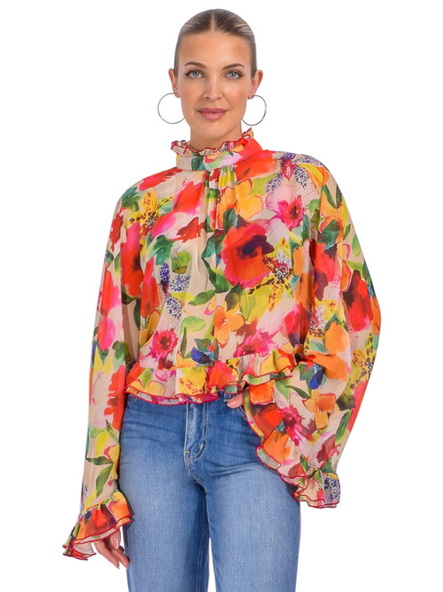 THEO Theia Orchid Print Ruffle Blouse Front View 