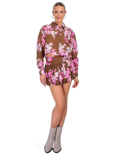 Rococo Sand Alfy Bubble Hem Mini Skirt in Brown and Pink Full Outfit 