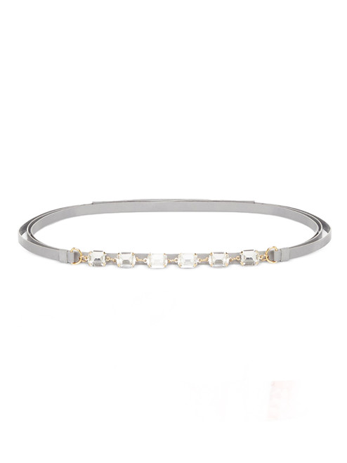 OTTOD'AME Leather Wrap Belt with Crystal Embellishment in Gray Front View 