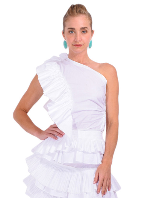 ESSENTIEL ANTWERP Haven Top With Ruffles in White Front View 