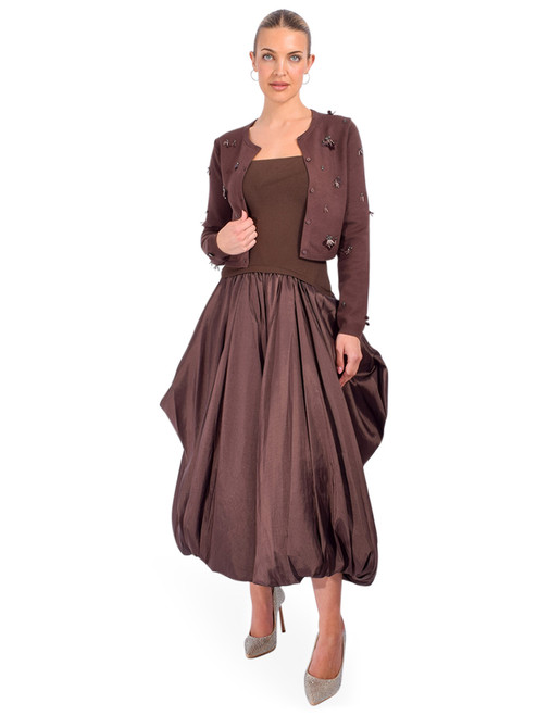SIMKHAI Zadie Embellished Cropped Cardigan in Cocoa Full Outfit