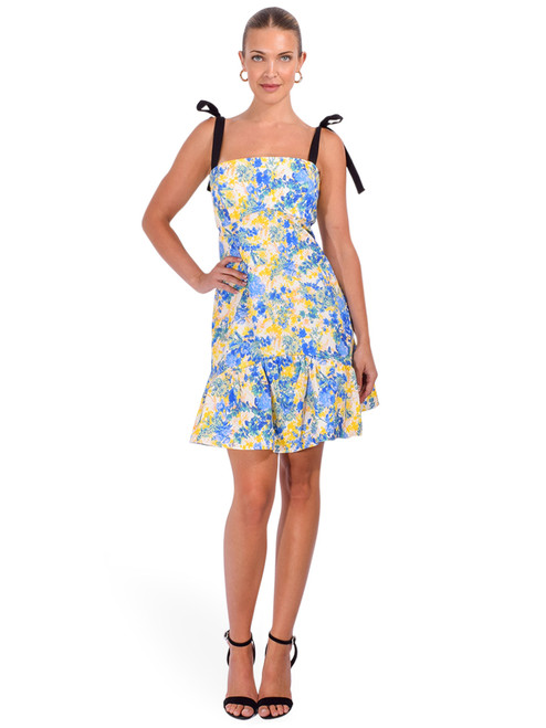 KIKA VARGAS Patsy Mini Dress in Yellow/ Blue Hydrangea Twill Front View 2