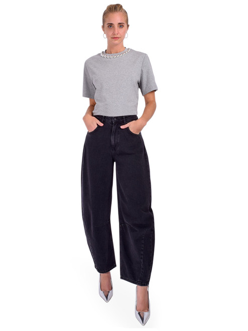 Essentiel Antwerp Intenso T-shirt with Metallic Pearl-Style Embellishments in Shadow Full Outfit 