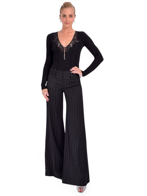 SELF-PORTRAIT Lace Trim Knit Top in Black Full Outfit 