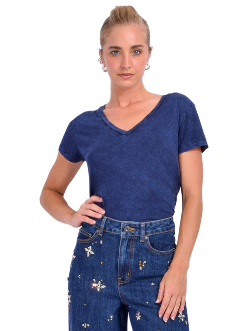 CHRLDR Ava V-Neck Mock Layer T-Shirt in Indigo Front View 