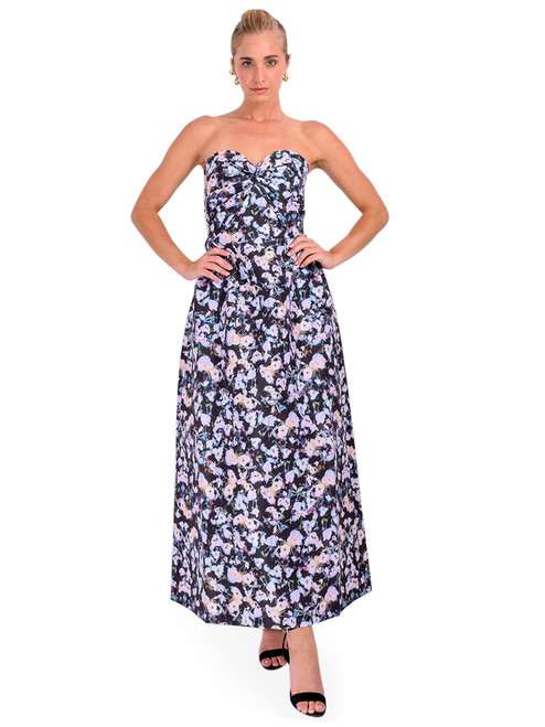  KIKA VARGAS Taffeta Strapless Midi Dress in Black Rose Pansy Front View 2