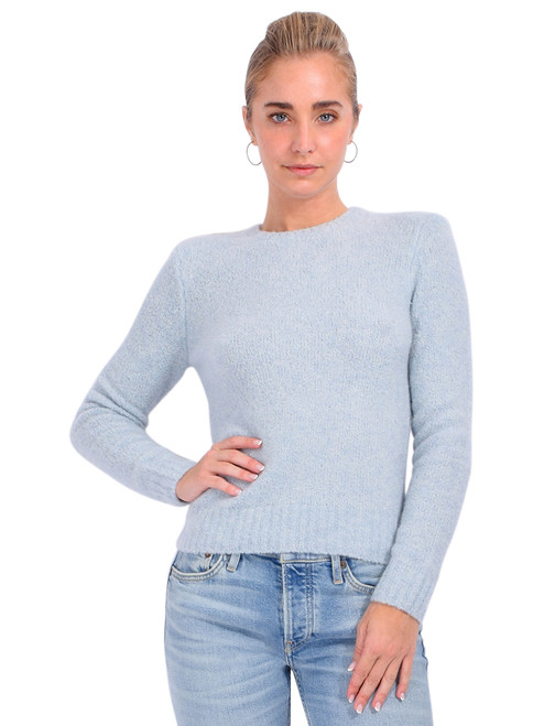 Minnie Rose Luxe Boucle Power Shoulder Crewneck Sweater in Sky Blue Front View 
