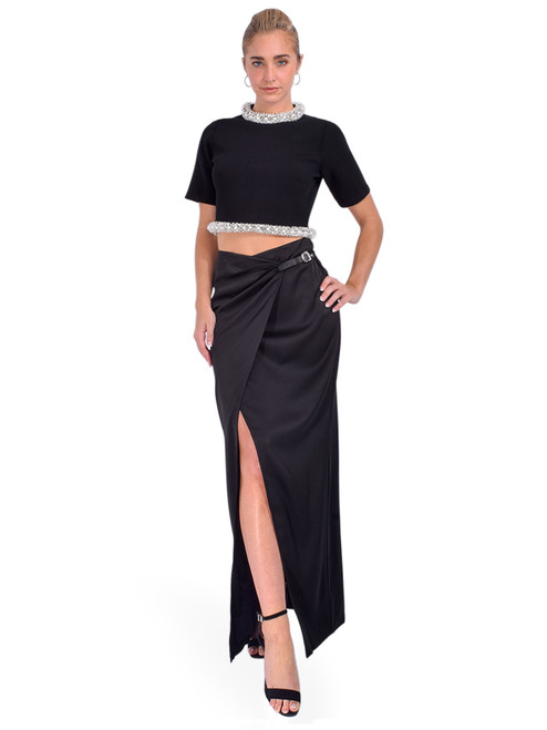 SIMKHAI Ozelle Embellished Knit Crop Top in Black Full Outfit 