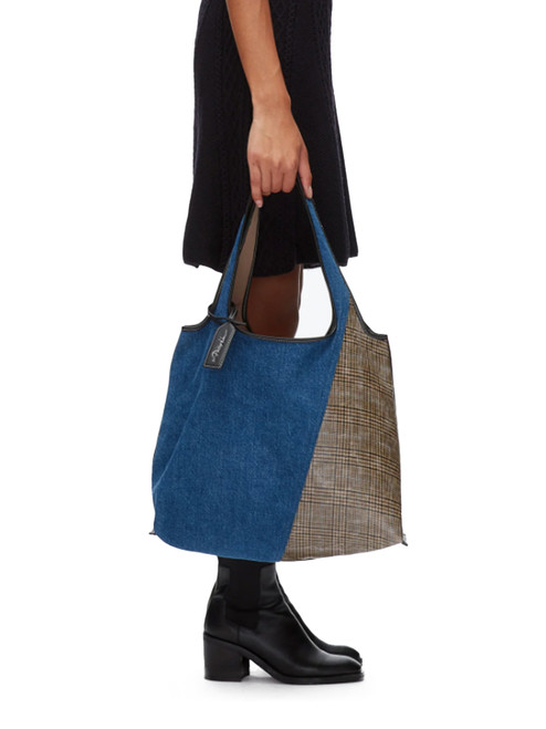 3.1 PHILLIP LIM Denim Patchwork Market Tote in Indigo Multi on Model 
