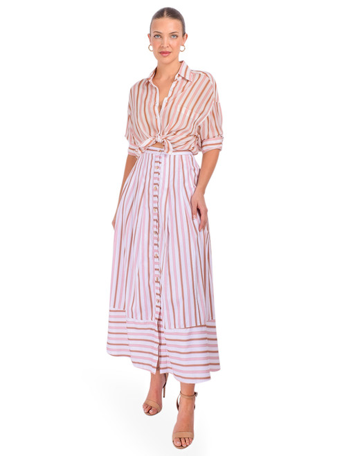KARINA GRIMALDI Spencer Striped Midi Skirt in Pink Multi Stripe Full Outfit 